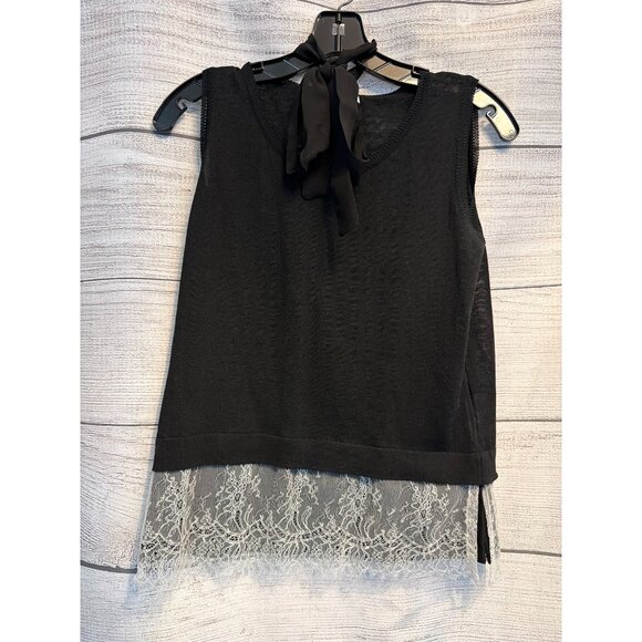 Margon Black Knit Top With Lace Hem & Button Tie Neck Size 42 - Picture 1 of 5